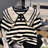 blouse women tshirts black striped peter pan collar tops 2022 summer new short sleeve korean fashion sweet casual clothes