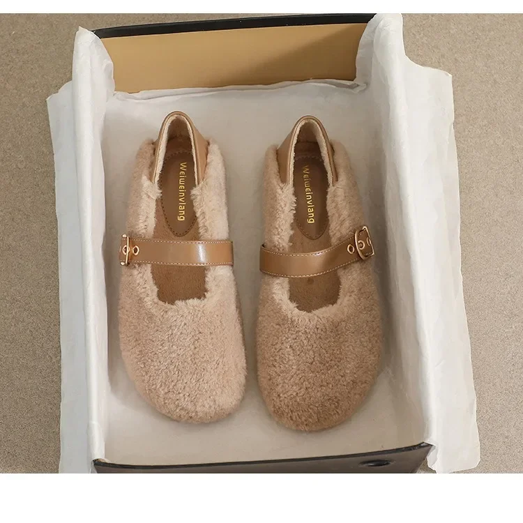 Khaqi Зимние женские туфли на плоской подошве из искусственной шерсти с круглым