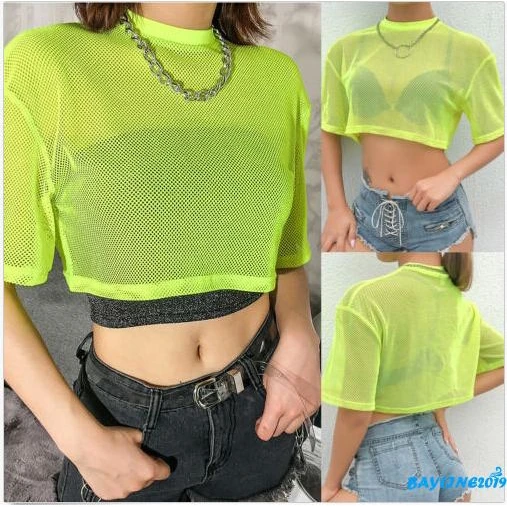 

US Women Mesh Sheer Short Sleeve Crop Tops Blouse