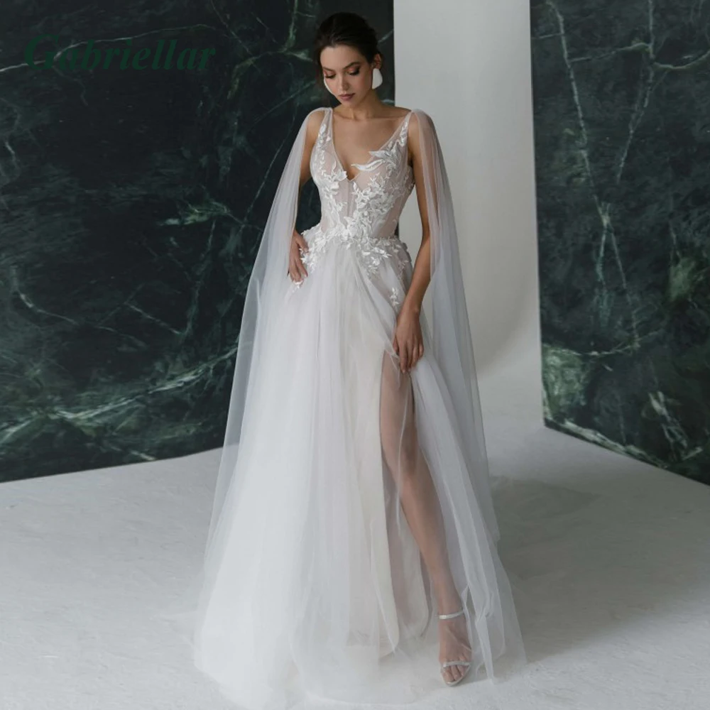 

Gabriellar Classic Cape Slit Appliques Wedding Dresses V-neck Backless A-line Wedding Gowns Vestido De Casamento Personalised