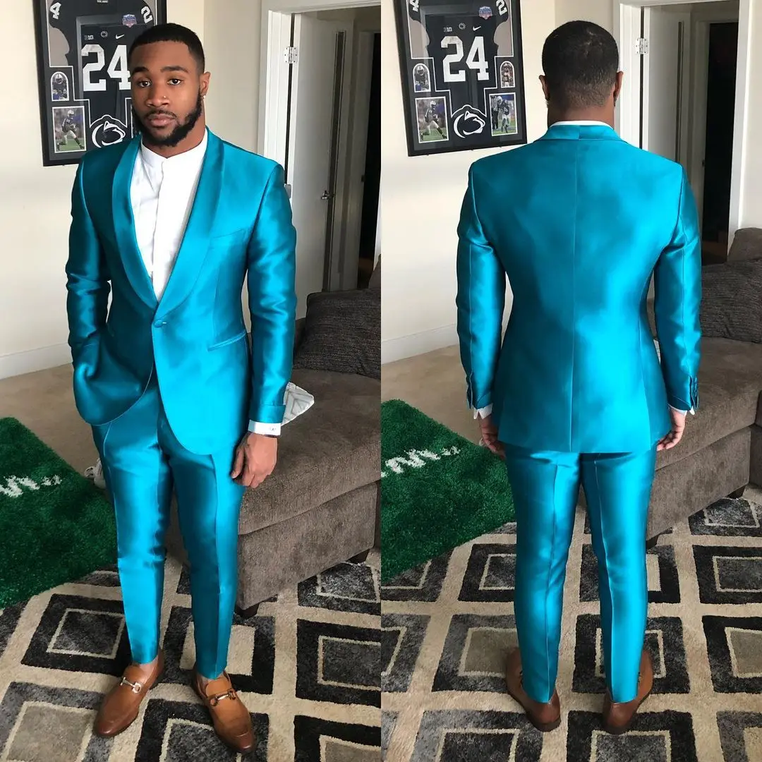 

New Designs 2023 Custom Made Men Suits Terno Slim Fit Shawl Lapel Blue Satin Prom Tuxedos Wedding Groomsman Blazer Pants Set