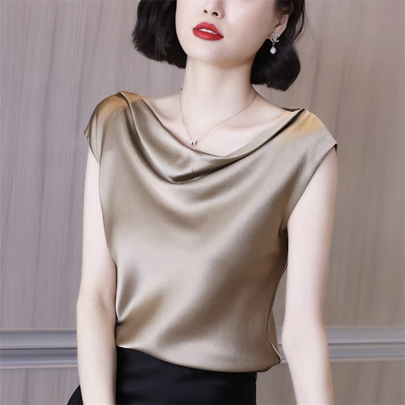 Женская атласная блузка с коротким рукавом и воротником-стойкой 10 цветов |