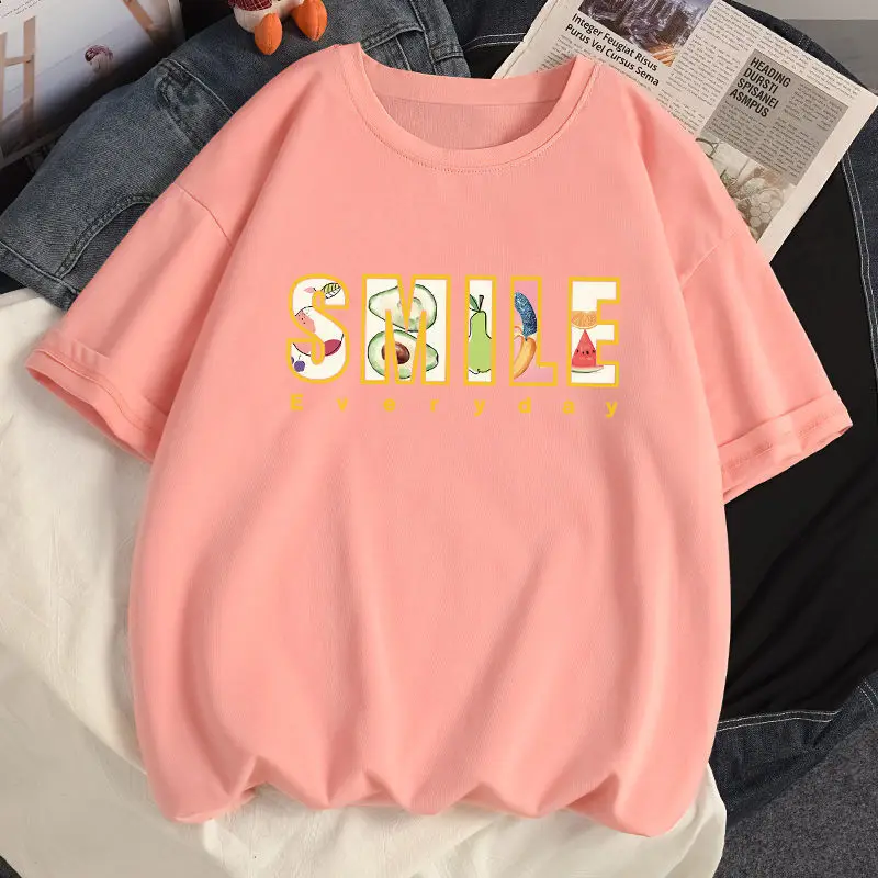 

2021 Summer Cotton Short Sleeve O Neck Loose T-shirt korean kawaii smile T Shirt Women harajuku girls Tee Shirt white Tops