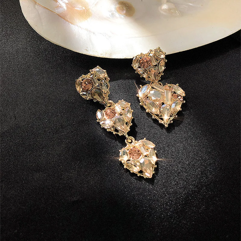 925 Silver Baroque Full Diamond Love Earrings Asymmetric Long European And American Exaggerated Temperament Personality