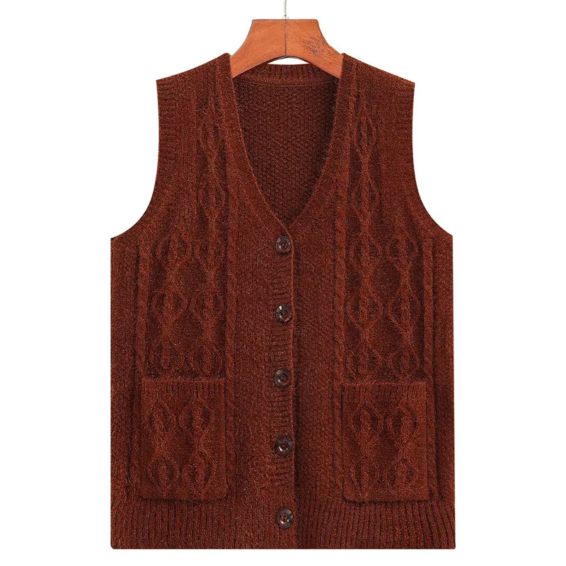 

Casual New Knitted Sweater Vest For Women V Neck Knitwears Waistcoat Autumn Winter Middle Aged Mother Cardigan Tops Pocket