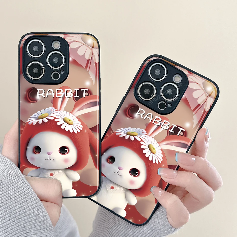 

Cartoon Rabbit Painted Glass Phone Case For iPhone 14 13 12 11 Pro Max Mini XS Max X XR 7 8 Plus Se2 SE3 Protection Back Cover