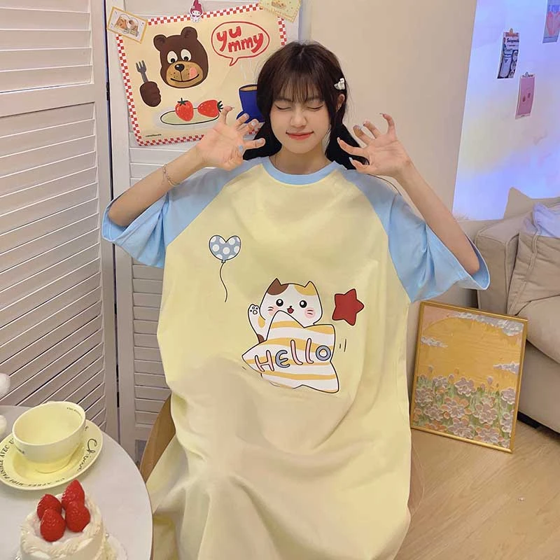 

Summer Women Pajamas Night Dress Girls' Nightgown Cartoon Cat Nightshirt Femme Household Clothes Pijamas Nightdress