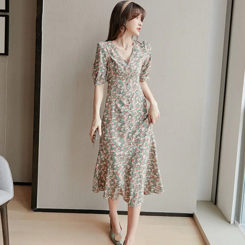 

French Vintage Women's Chiffon Maxi Unif Dress Female Floral Printed Short Sleeve Summer Midi V-Neck Dresses Clothing 2022