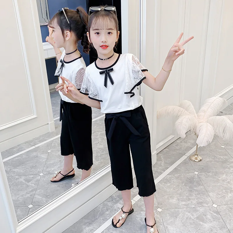 

Girls Summer Clothes Sets for Teenage Girls Kids Clothing Set Fashion Lace Fly Sleeve Top + Pants 2PCS Outfits for Children