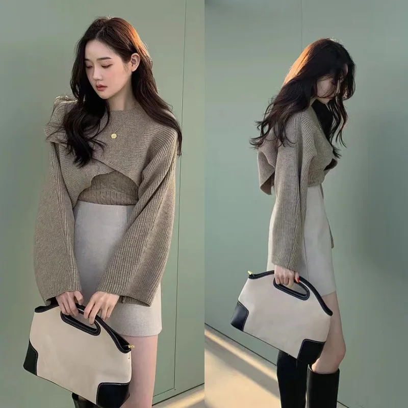 

Korean ins temperament, all-match, slim-fit, thin hemp pattern camisole + irregular folded sweater blouse women