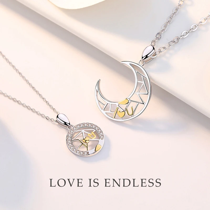 

CARLIDANA 2PCS High Quality Stainless Steel I Love U Moon and Sun Couple Necklace BBF Necklace Jewelry for Couple Lover Gifts