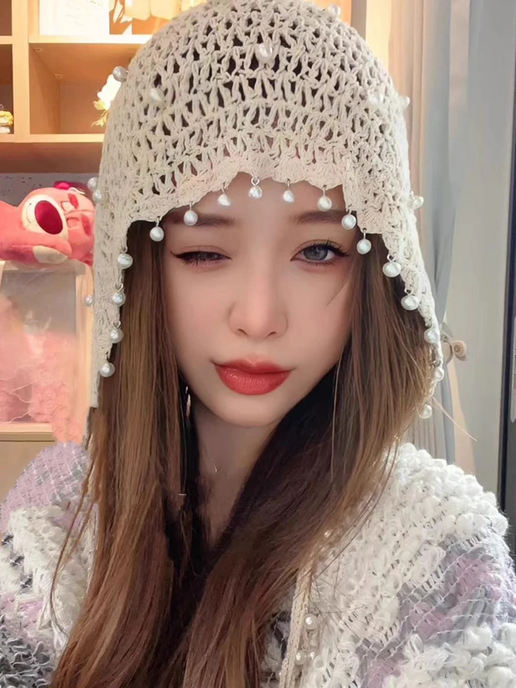 Hollow Pearl Pendant Handmade Bag Cap Female National Sle Knitted Sleeve Retro Big Head Circumference Pile Heap