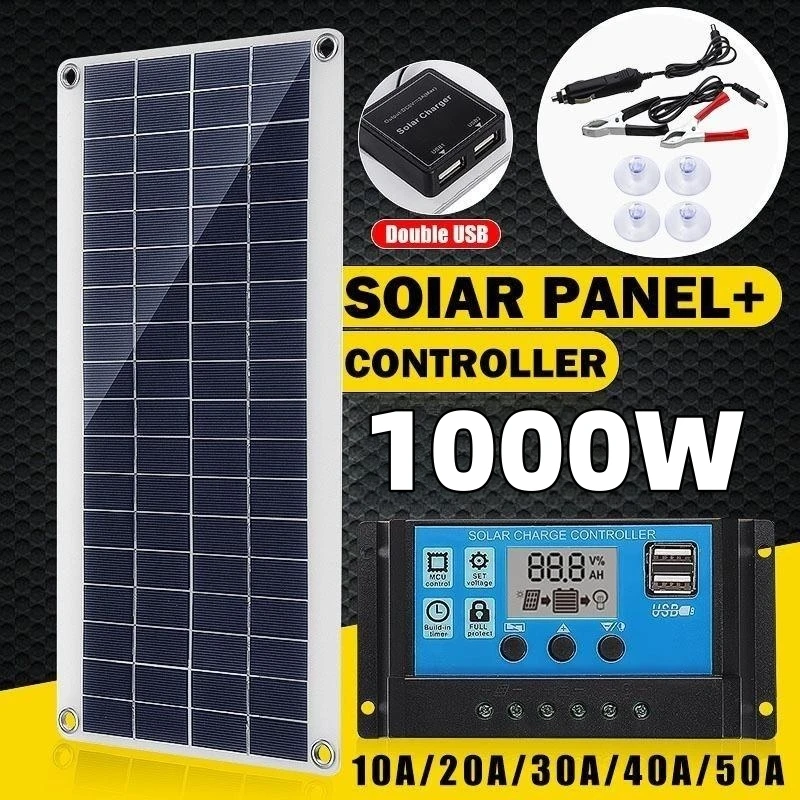 

1000W Solar Panel 12V Solar Cell 10A-100A Controller Solar Plate Kit For Phone RV Car Caravan Home Camping Outdoor Battery
