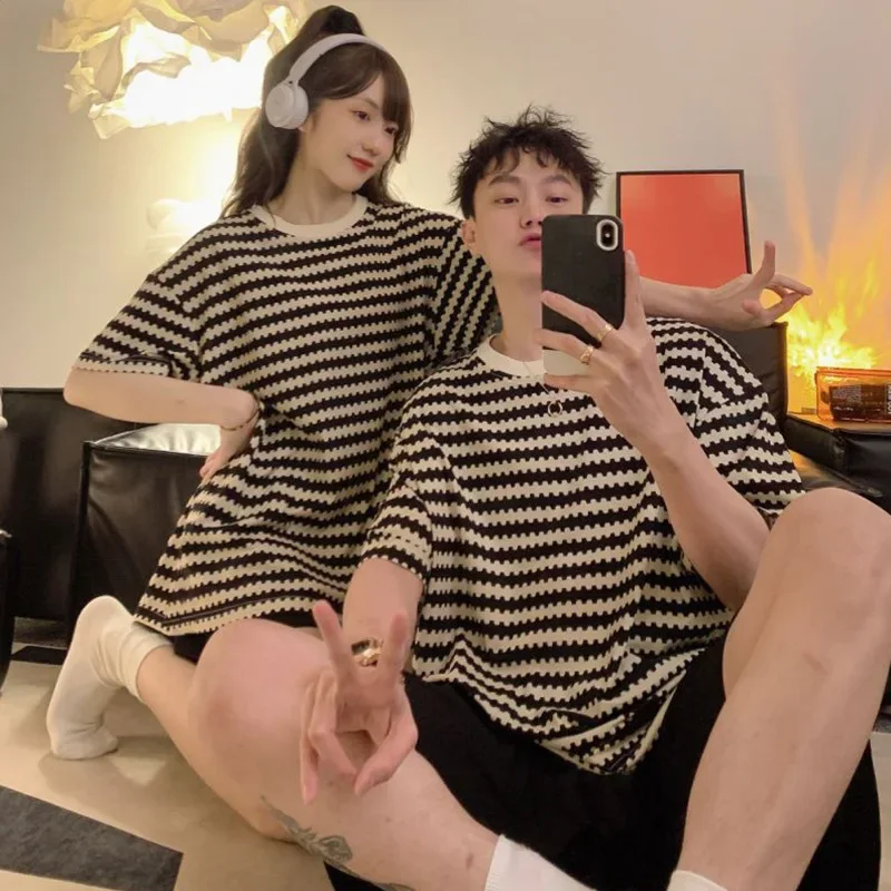 Простые корейские стильные пижамы для пар летние полосатые мужские и женские