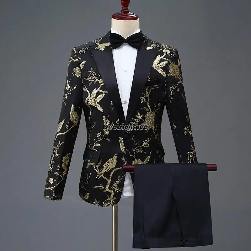 

2022 men's black suit mc suit performance suit gold stamping pattern dinner party wedding suit summer men suit set s-4xl g208