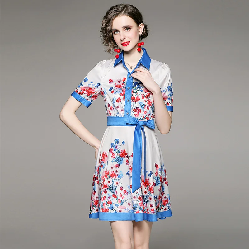 

2022 Women's Summer New Style Catwalk Temperament Polo Collar Short Sleeve Fashion Waist Closing Print Party Dress with Belt