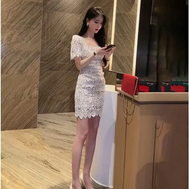 

Bodycon Dresses for Women 2023 Party Sexy Night Club Dress Short Prom Sklinky One-piece Fashion Transparent Mesh Mini White Lace