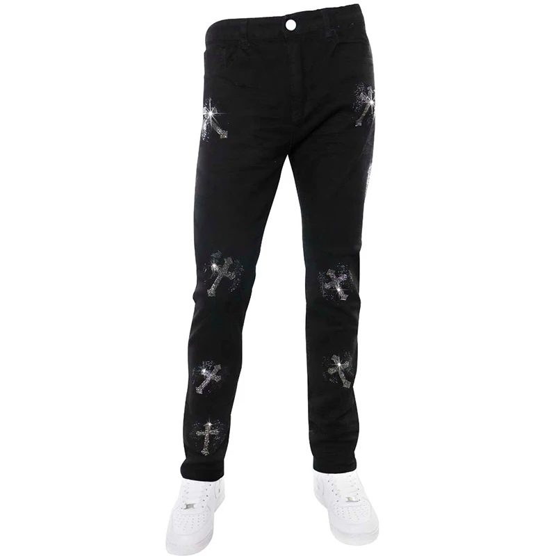 2021 Men's Stretchy Black Jeans Skinny Slim Fit Hot Drill Punk Streetwear Biker Trousers Man Rhinestone Hole Denim Pencil Pants