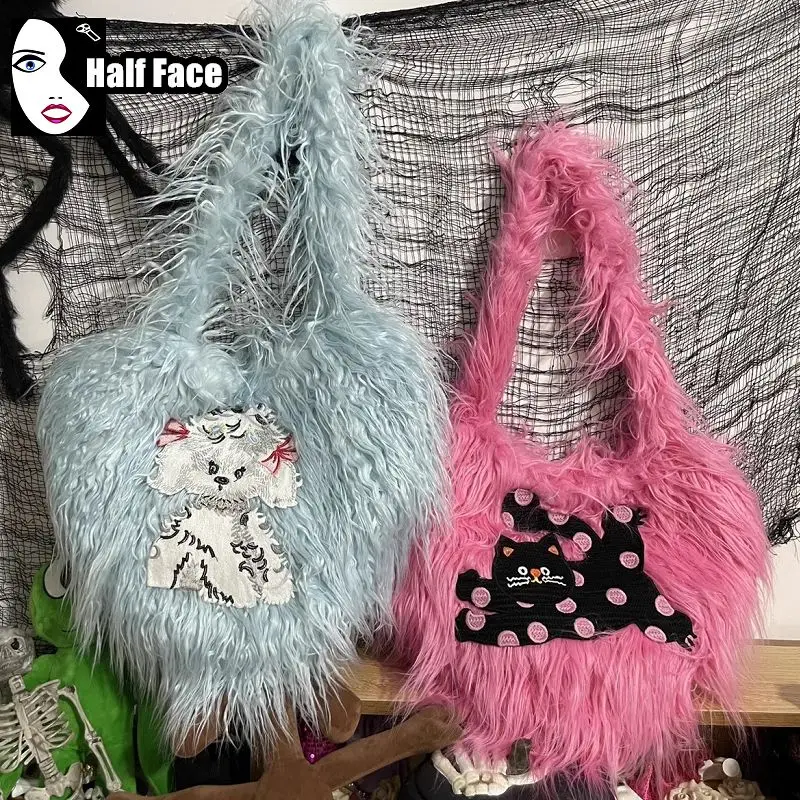 

Y2K Girl Harajuku Gothic Handbag Sweetheart Long Hair Peach Heart Large Capacity Punk Furry One Shoulder Casual Women Bags Tote