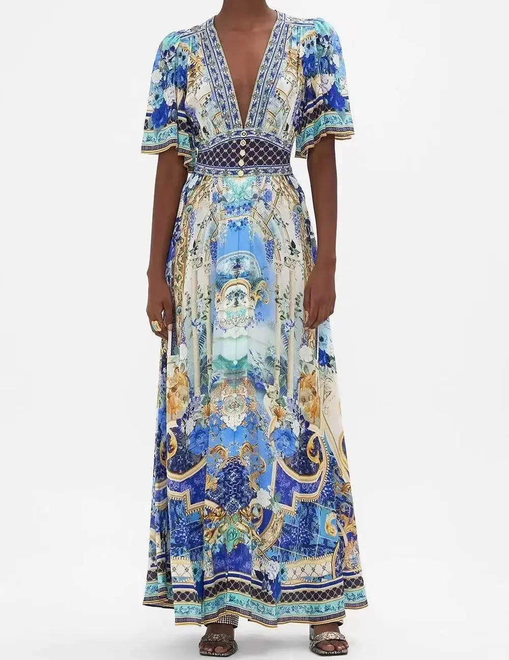 Женское праздничное длинное платье с цветочным принтом и глубоким V-образным