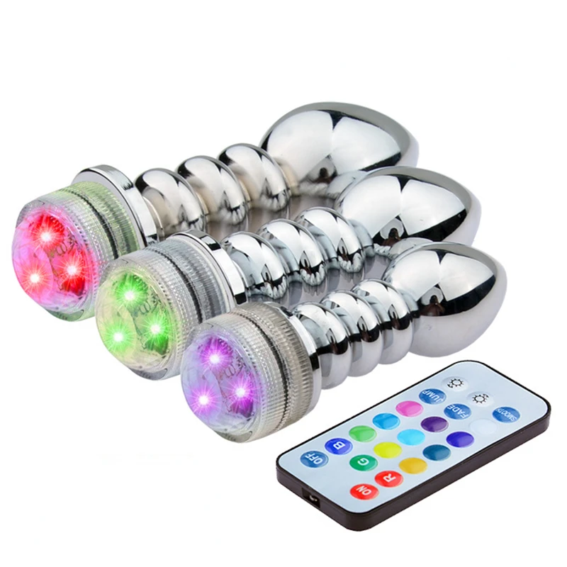 3 Sizes Remote Control LED Colorful Lights Zinc Alloy Thread Anal Plug Metal Butt Plug Fetish Couple Flirting Gay Adult Sex Toys