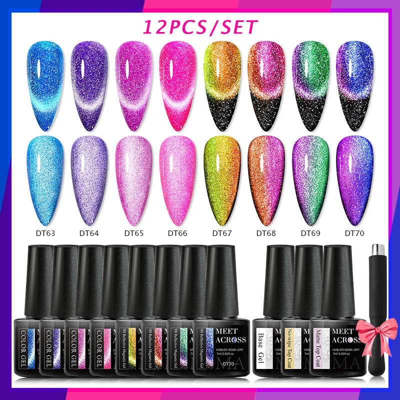 

Meet Across 12pcs Reflective Cat Eye Nail Gel Polish Set Fluorescent Neon Magnetic Varnishes With Base Top Coat Magnet Stick Kit