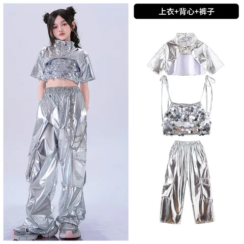 Детский костюм K-pop luckyqiang fashion серебристый топ с пайетками + брюки карго