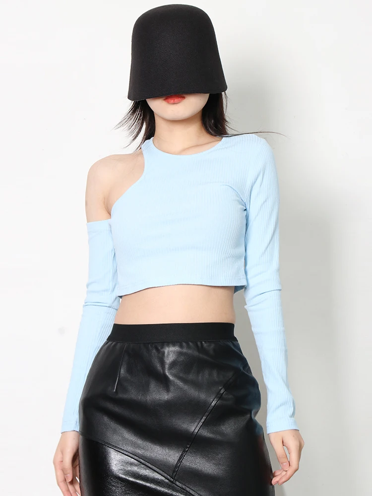 

Punk Style Women Tees Crop Tops Casual Skinny Cut Out T Shirt One Sleeve Knitting Shirts Summer Clothing Style
