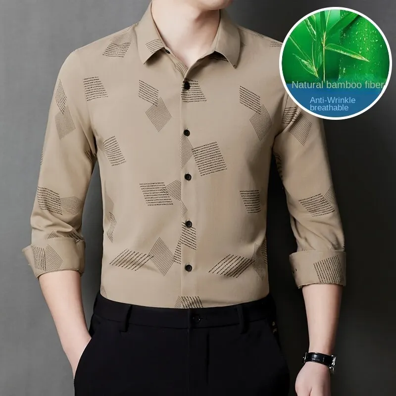 New Brazilian Selection Men's Shirt 2022 Bamboo Fiber Casual Business Thin Soft Stretch Print Slim Fit Dress Pocke-less Shirts