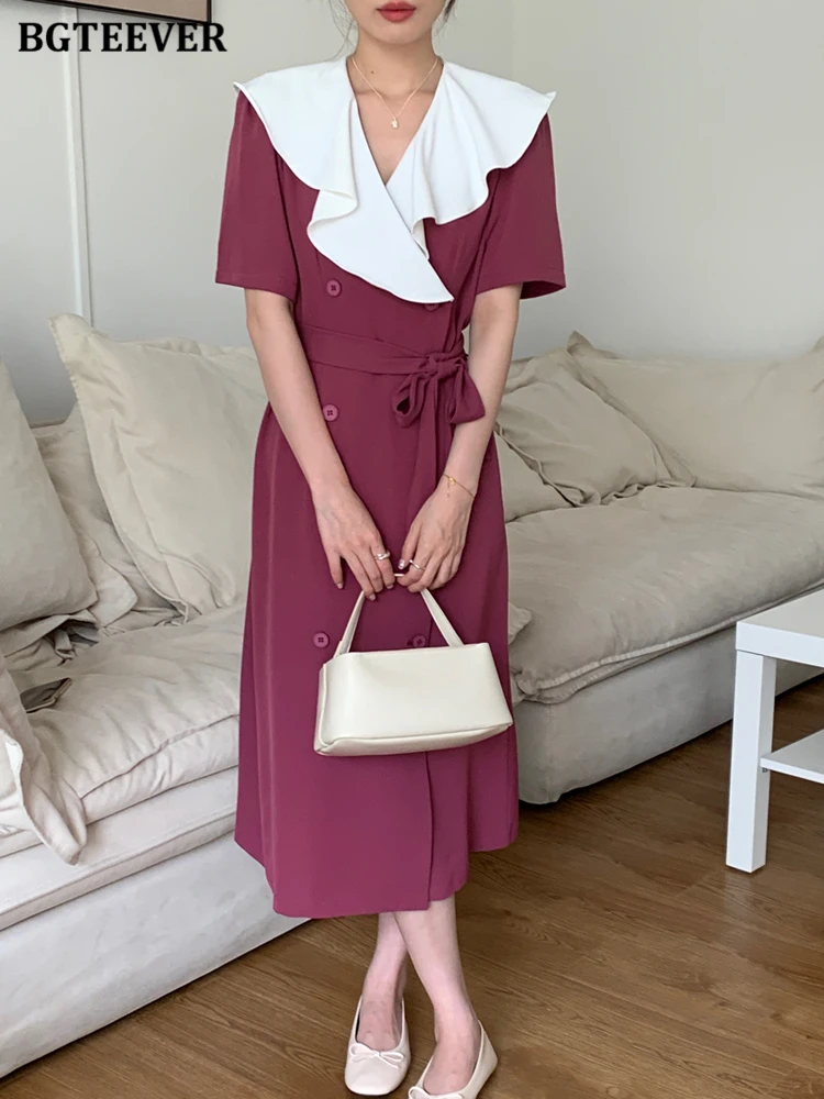 

BGTEEVER Vintage Ruffled Collar Double Breasted Women A-line Dress 2022 Spring Summer Short Sleeve Lace-up Vintage Female Dress