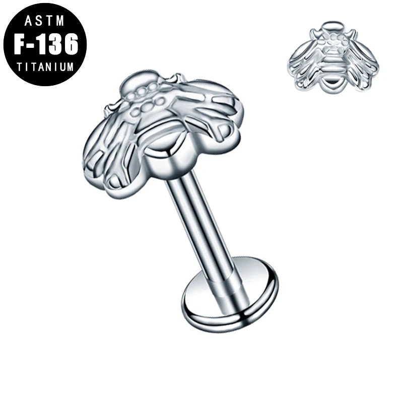 

ASTM F136 Titanium Lip Labret Piercing Rings Bee Zircon Internal Thread Ear Tragus Helix Cartilage Earring Lip Stud Jewelry