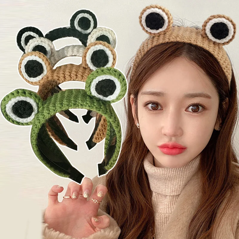 

Hand Knitted Big Eyes Frog Headband Crochet Braided Head Hoop Cartoon Woolen Knitted Wash Face Makeup Hairband Autumn Headdress