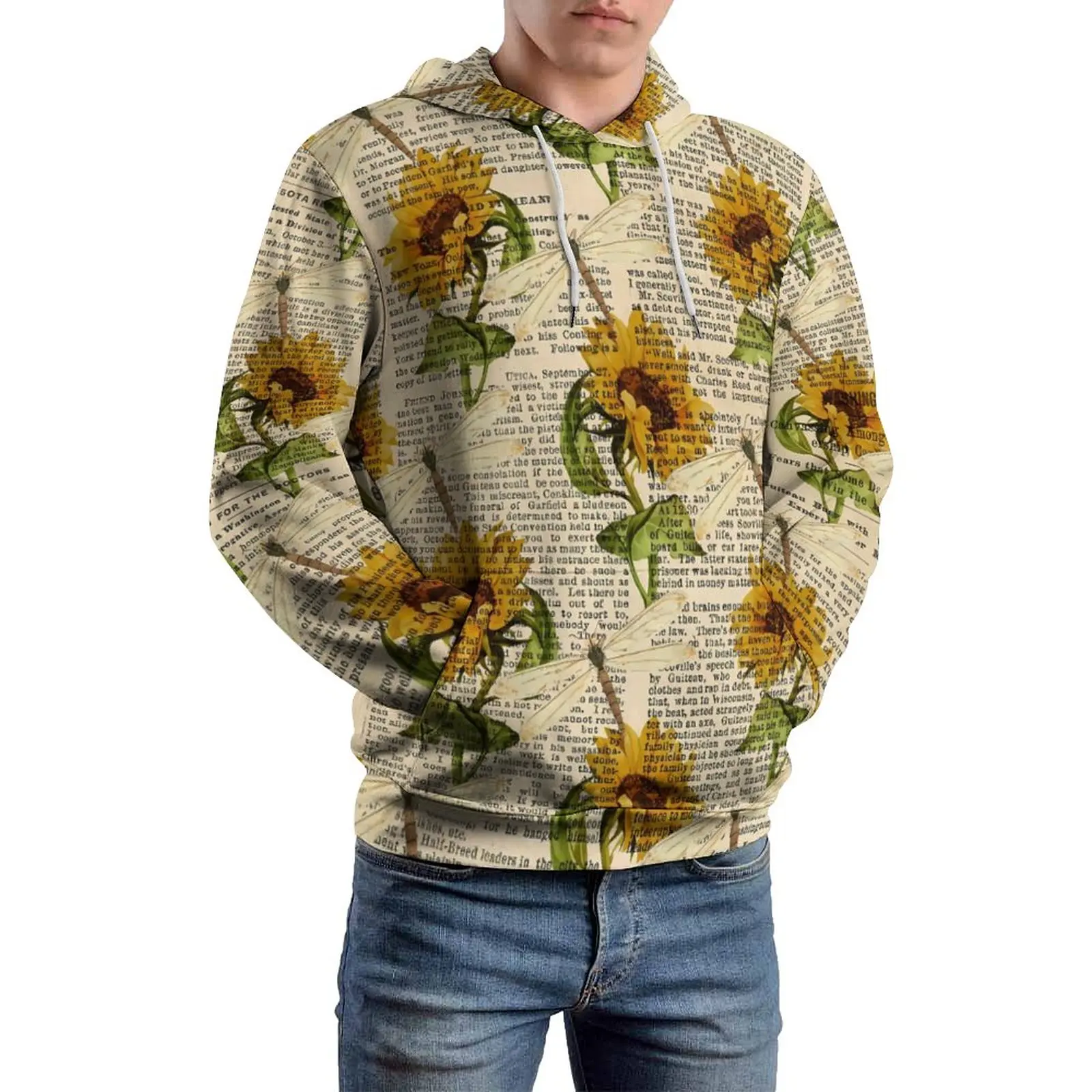 

Повседневные толстовки с изображением подсолнухов и стрекоз, осенние толстовки большого размера с длинным рукавом в стиле старой газеты в уличном стиле