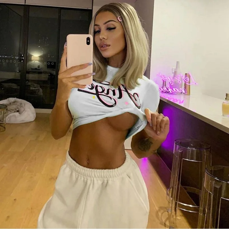 

Футболка женская летняя с высокой талией, круглым вырезом и короткими рукавами