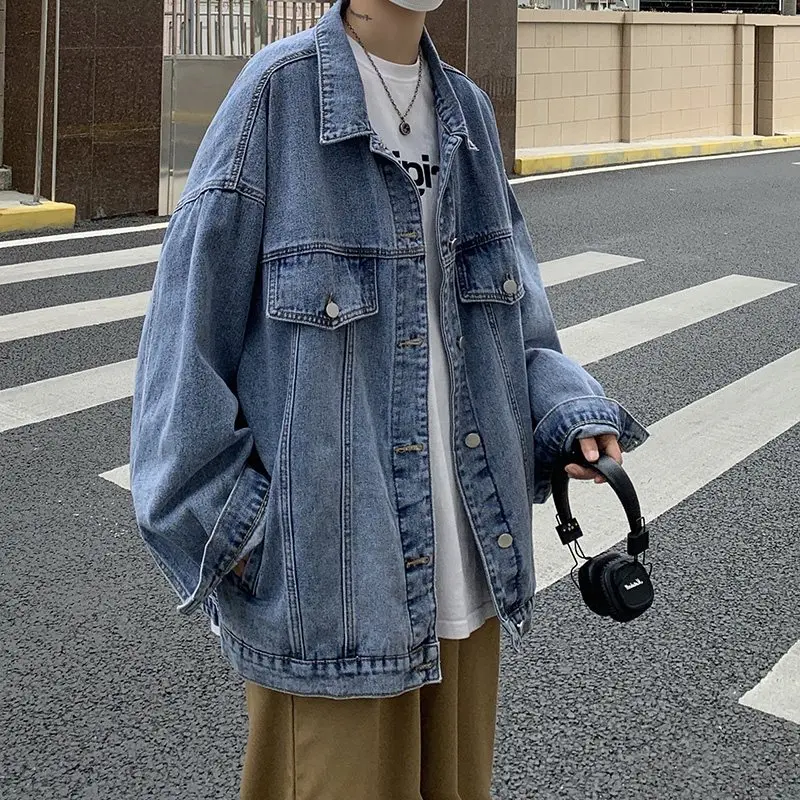 American vintage Denim coat Men's Autumn and Winter High Street Pu Shuai Lapel Cargo Jacket Fashion Brand Loose Couple Top