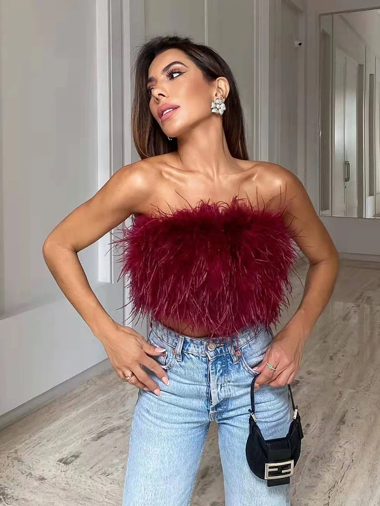 Топ женский с перьями пикантный укороченный корсет майка открытой спиной жилет