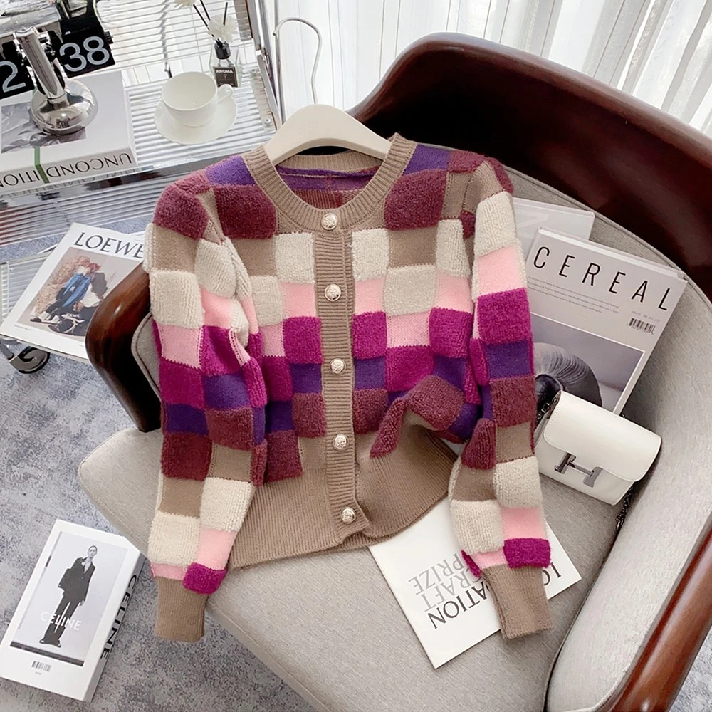 

2023 Spring Autumn New Multicolor Plaid Women Knitted Cardigan Casual Long Sleeve Round Neck Single Breasted Female Sweater
