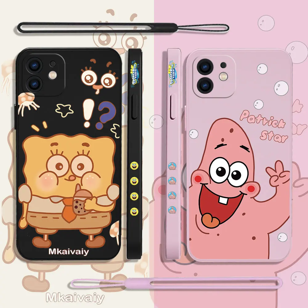 

Hot Cartoon SpongeBobs Patrick Stars Phone Case For iPhone 14 13 12 11 Pro Max Mini X XR XS SE 2020 8 7 Plus 6 6S With Lanyard