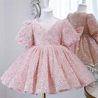 sequin pink bling baby girl dress short sleeves flower girl dress knee length dresses for girls big bow first communion