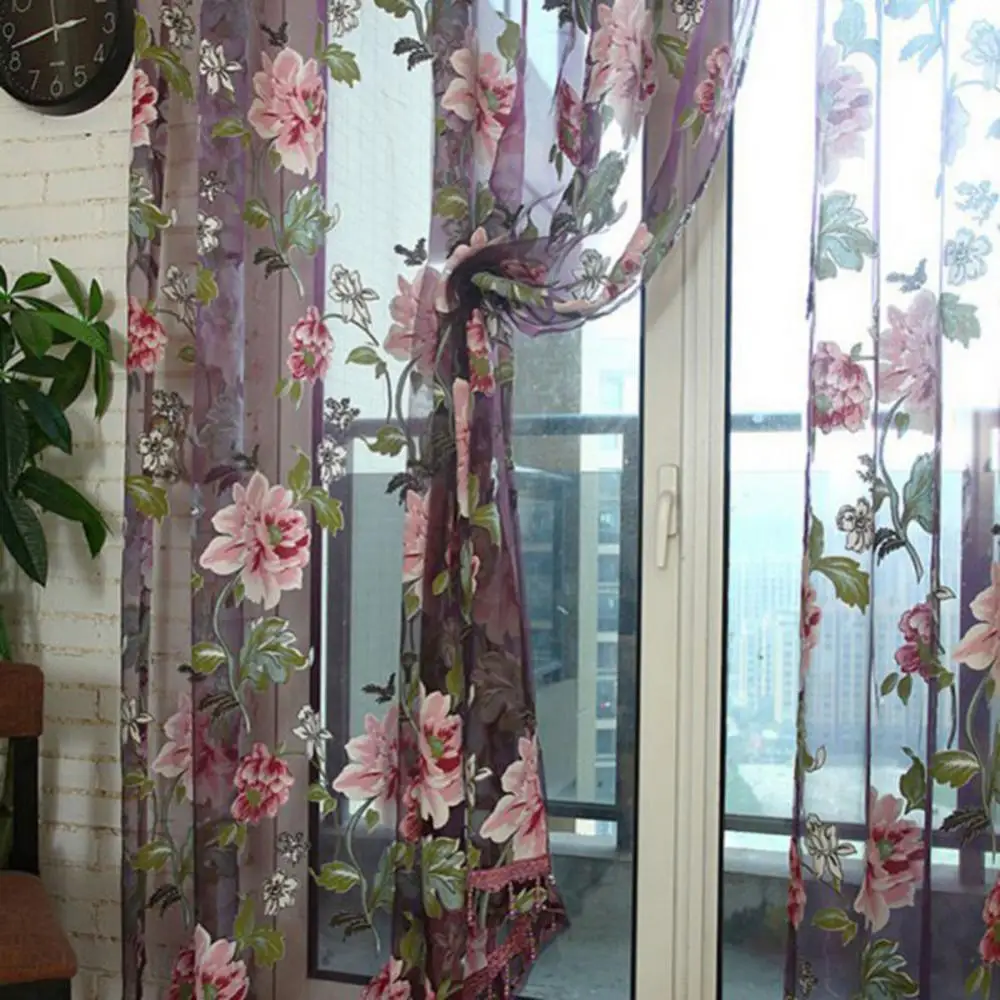 

2021 New Door Blinds Window Peony Printed Transparent Tulle Curtain Room Divider Valance Decoration Curtains Voile Living Room