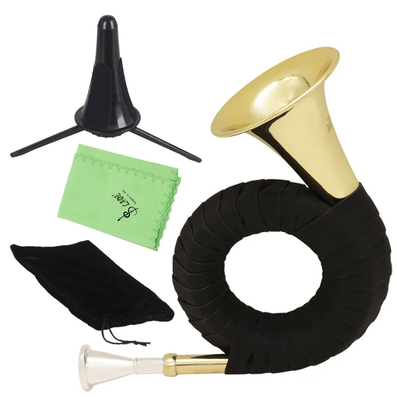 

Bb Brass Hunting Horn Gold Plated Hunting Horn Professional Wind Musical Instruments with Carry Bag Stand Cleaning Cloth