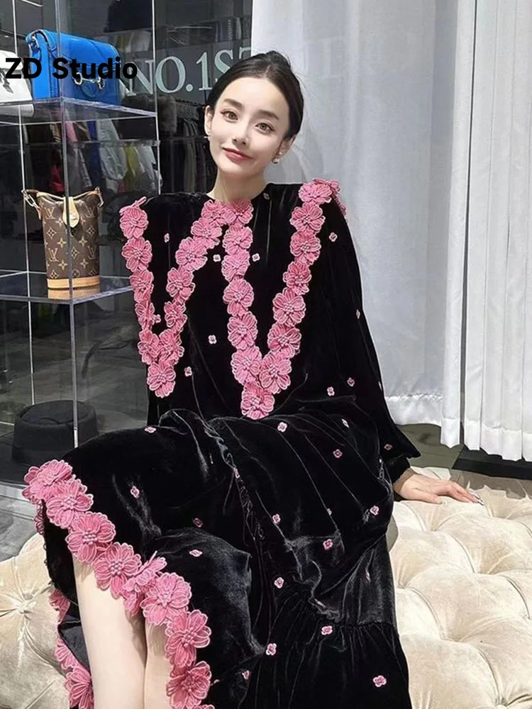 

[ZD Studio] 2023 Summer New Korean Edition Suede Panel Flower Edge Doll Neck Age Reducing Dress Women's Wear