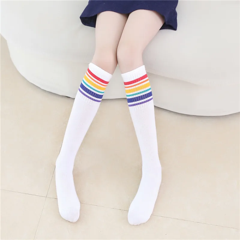 Student Stockings over the Knee Cotton Straight Board Children's Tube Socks Stitching Rainbow Striped Boys and Girls Half Socks