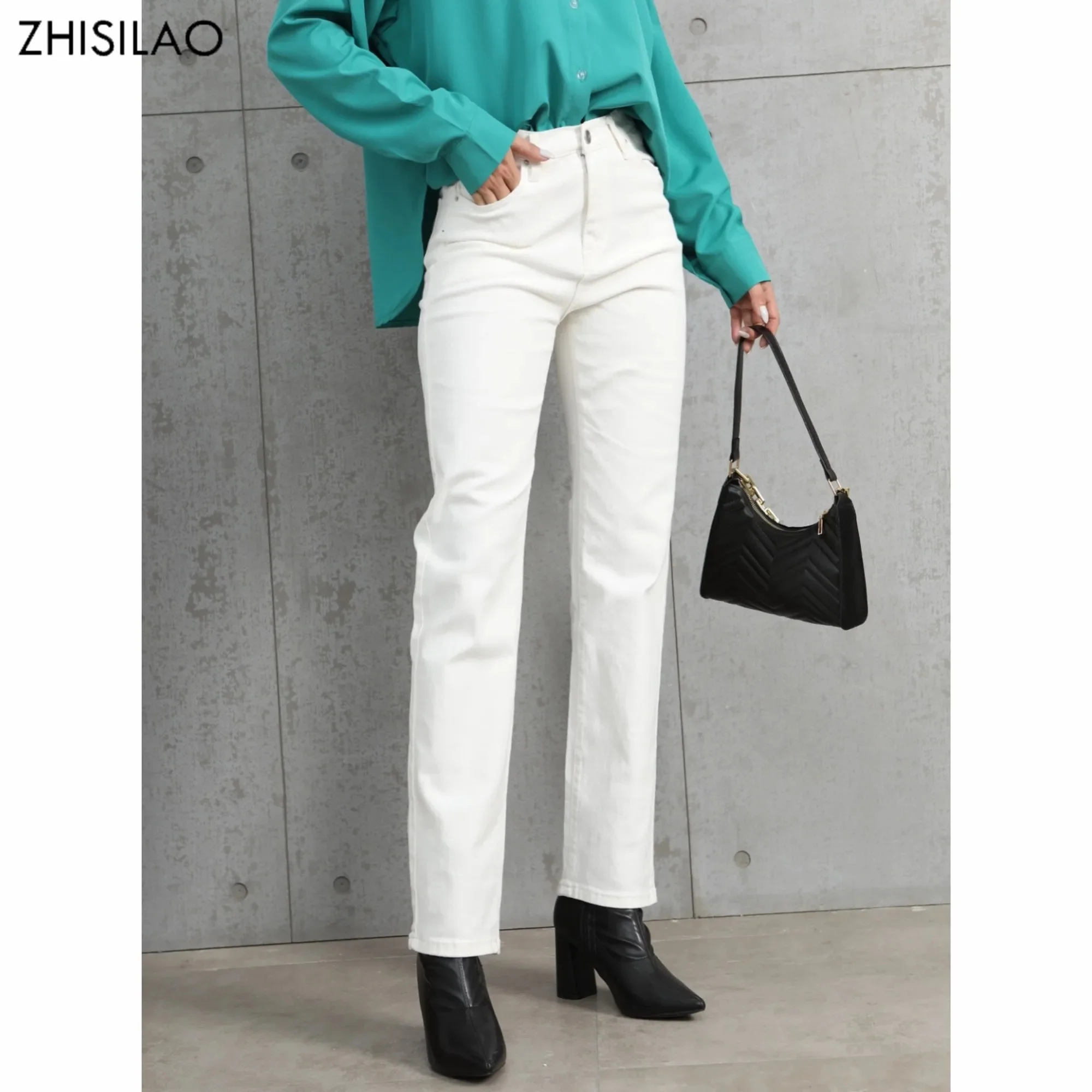 

Белые джинсы ZHISILAO, женские Винтажные эластичные прямые широкие джинсовые брюки с высокой талией, осенние джинсы, уличная одежда