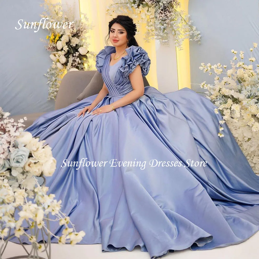 

Sunflower V-Neck Short Sleeves Prom Gown A-LINE Evening Dress Slim Satin Party Dress 2023 Floor-Length Prom Dress