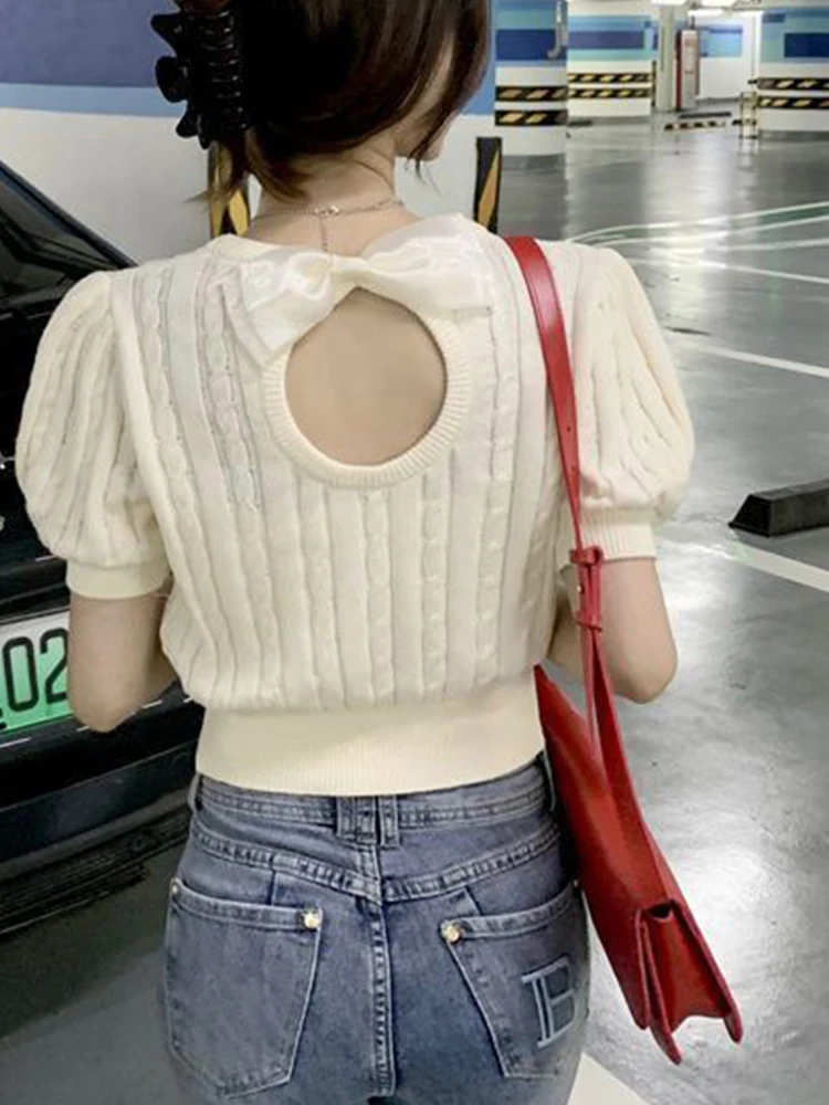 

Sweet Knitted Short Top Women Summer Bow Hollow Out Jumper Female Slim Elegant White Puff Short Sleeve Pullover Lady 2023 New
