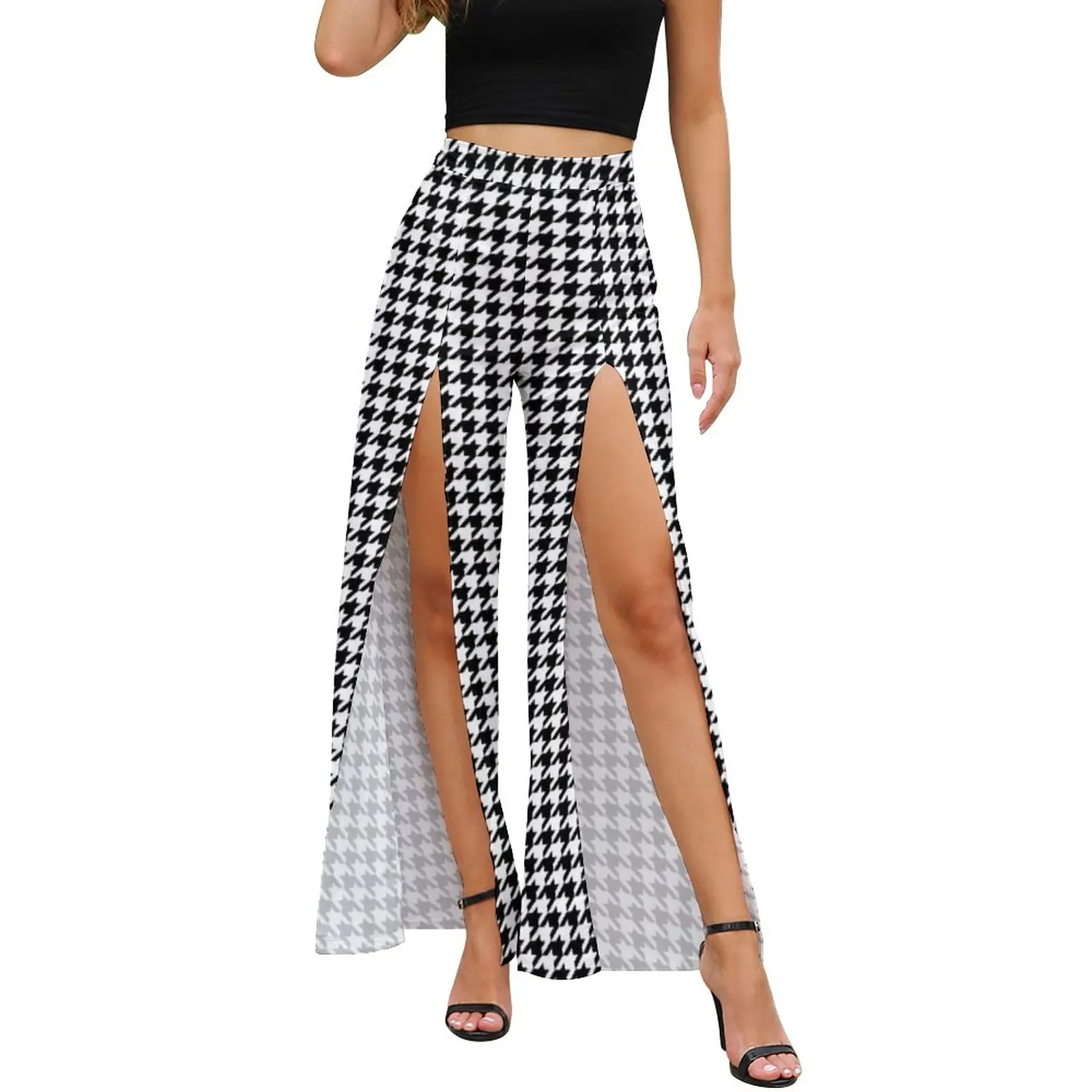 

Black White Houndstooth Pants Female Trendy Deco Chic Pattern Street Wear Graphic Trousers Summer Slit Modern Wide Pants Gift
