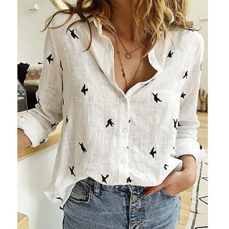 

Women Blouses Plus Size Tops Long Sleeve Bird Print Shirt Casual Loose Office Shirt Fashion Cotton Linen Shirts Oversize Blusas