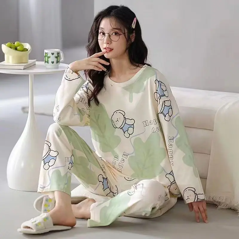 Autumn Sleep Lounge Pajama Long Sleeved Top Polka Dots Women Pajama Sets Cartoon Pyjamas Cotton Sleepwear Women M L XL XXL XXXL