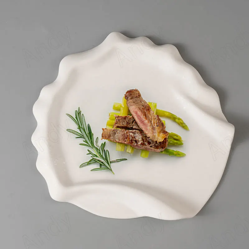 

Pure White Ceramic Plate Creative Crease Decoration Hotel Desktop Pasta Plates Manual Irregularity Western Restaurant Steak Dish